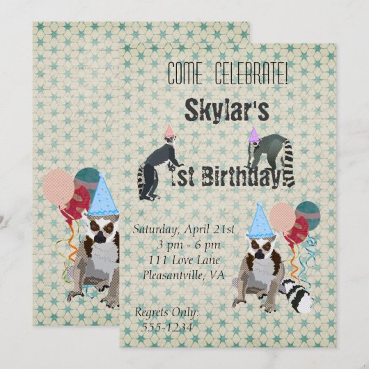 Invitation de cru d'anniversaire de lémurs (Devant / Derrière)