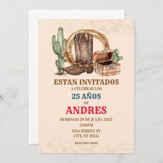 INVITATION DE CUMPLEANOS VAQUERO-FIESTA VAQUERA (Devant / Derrière)