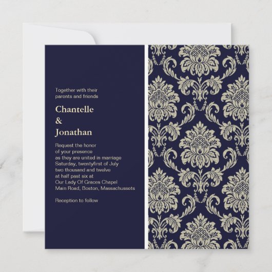 Invitation de Dark Blue et Cream Mariage damassé (Devant)