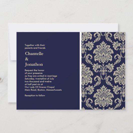 Invitation de Dark Blue et Cream Mariage damassé (Devant)