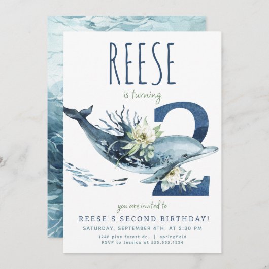 Invitation de dauphin 2e anniversaire (Devant / Derrière)