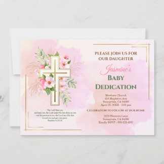 Invitation de dédicace de bébé à la croix florale