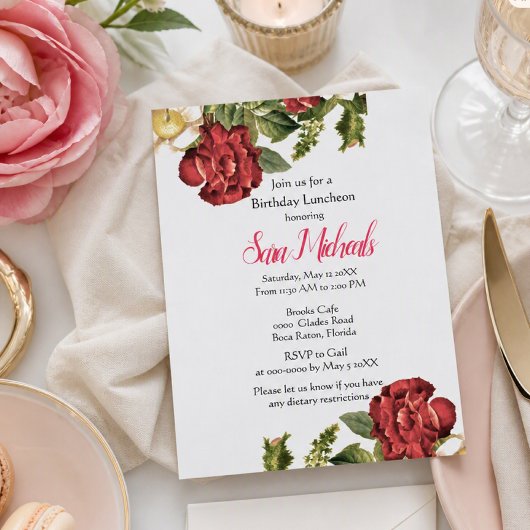 Invitation de déjeuner d'anniversaire à la rose ro