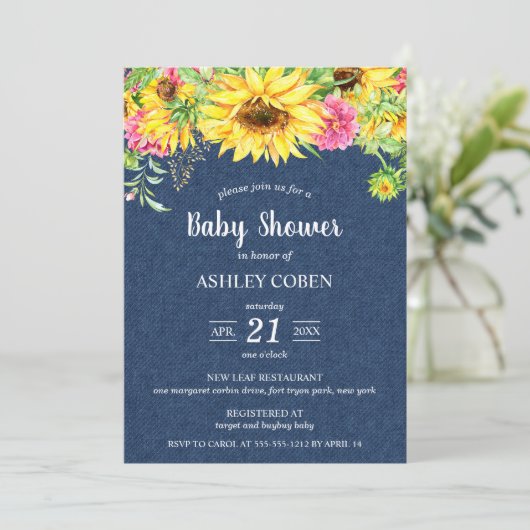 Invitation de Denim Baby shower avec des tournesol (Debout devant)