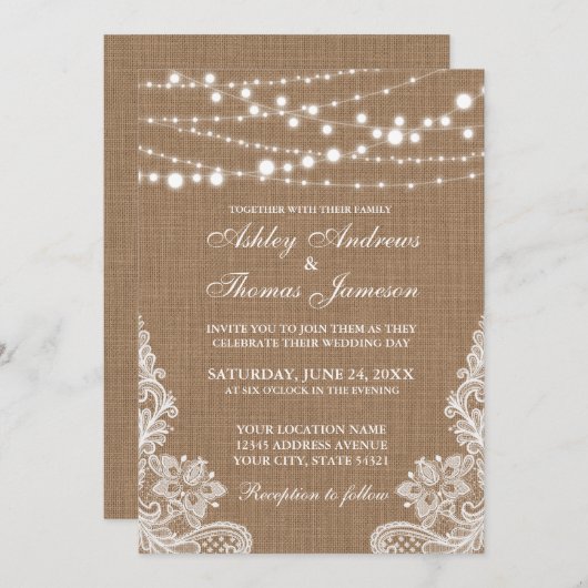 Invitation de dentelle de Mariage rustique Burlap (Devant / Derrière)