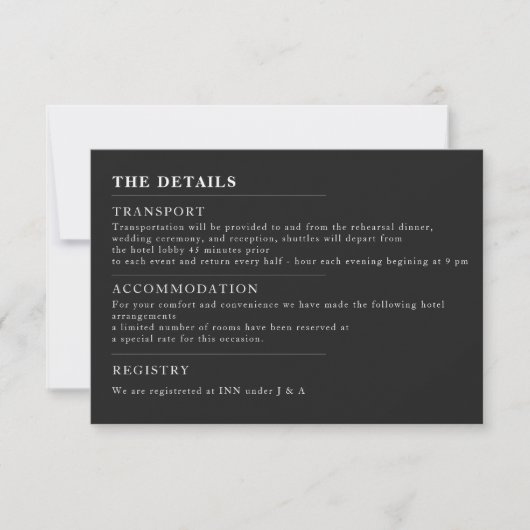 Invitation de détails de mariage noir minimal (Devant)