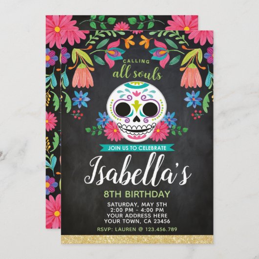 Invitation de Dia de los Muertos Birthday (Devant / Derrière)