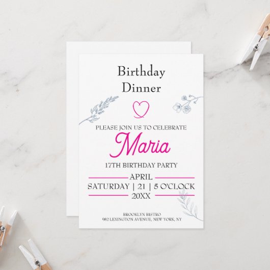 Invitation de dîner d'anniversaire Minimaliste ros (Devant/Arrière en situation)