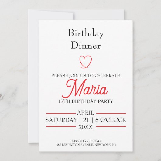 Invitation de dîner d'anniversaire minimaliste rou (Devant)