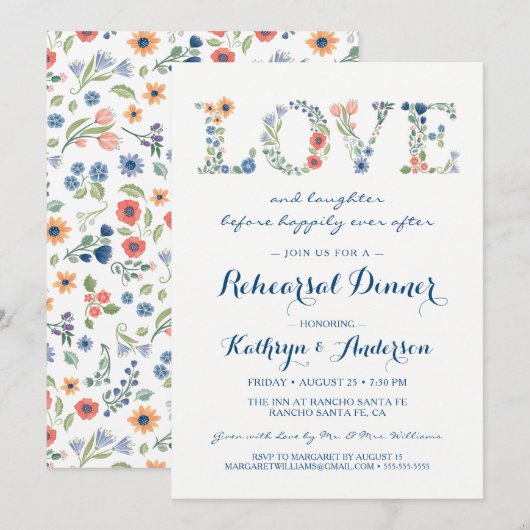 Invitation de dîner de répétition de mariage Flora (Devant / Derrière)
