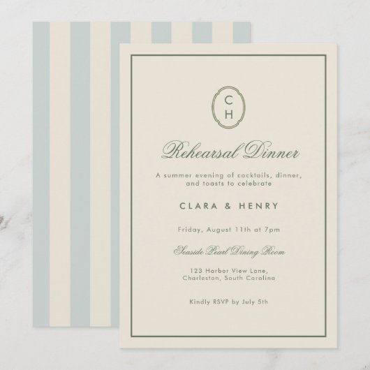 Invitation de dîner de répétition rayée bleu clair (Devant / Derrière)