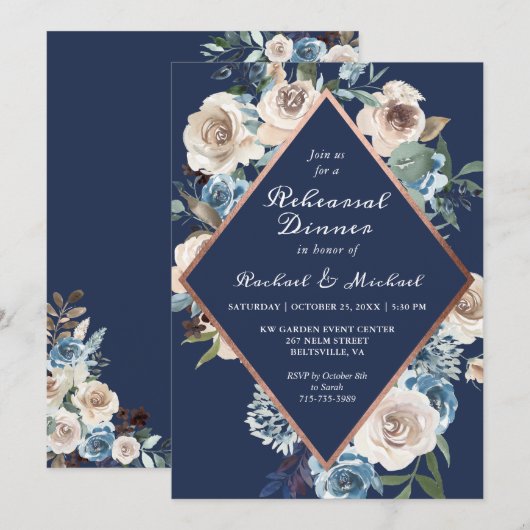 Invitation de dîner de répétition Rose Gold Navy (Devant / Derrière)