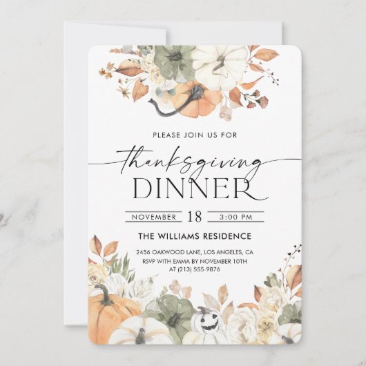 Invitation de dîner de Thanksgiving à la citrouill (Devant)