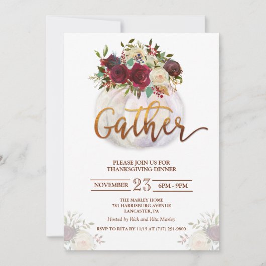 Invitation de dîner de Thanksgiving à la citrouill (Devant)