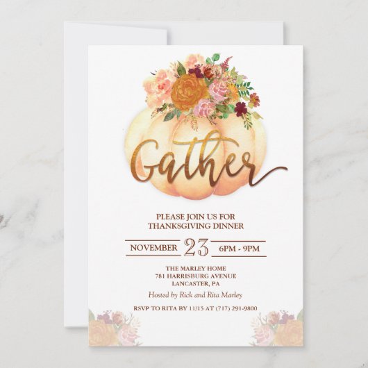 Invitation de dîner de Thanksgiving à la citrouill (Devant)