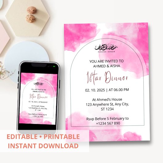 Invitation de dîner Iftar ramadan aquarelle rose