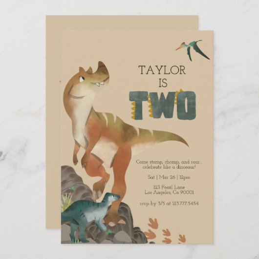 Invitation de Dinosaur 2e anniversaire (Devant / Derrière)