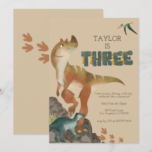 Invitation de Dinosaur 3e anniversaire (Devant / Derrière)