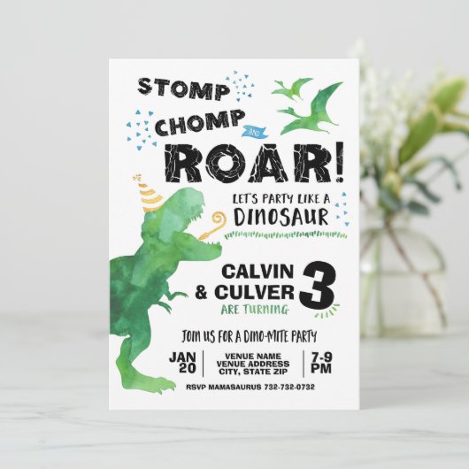 Invitation de Dinosaur pour un double anniversaire (Debout devant)