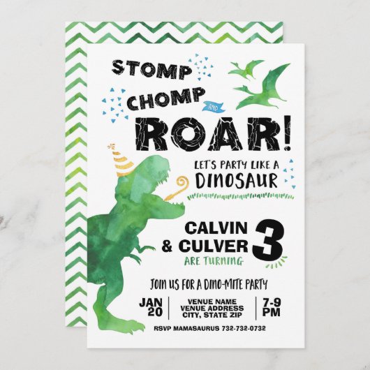 Invitation de Dinosaur pour un double anniversaire (Devant / Derrière)