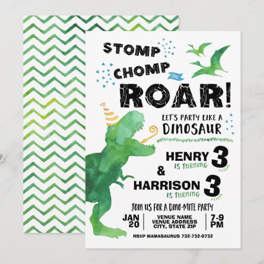 Invitation de dinosaures pour deux anniversaires (Devant / Derrière)