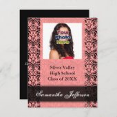 Invitation de diplôme, Damas rose et noir (Devant / Derrière)