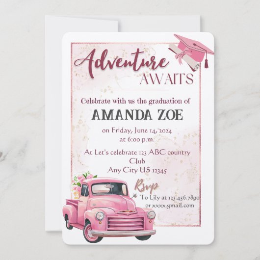 Invitation de diplôme de camion rose (Devant)