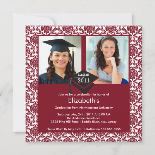 Invitation de diplôme de Maroon & White Damask (Devant)