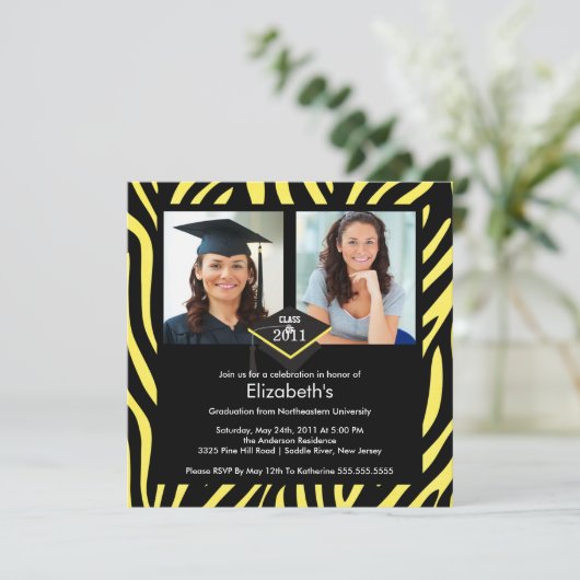 Invitation de diplôme de photographie Zebra jaune  (Debout devant)