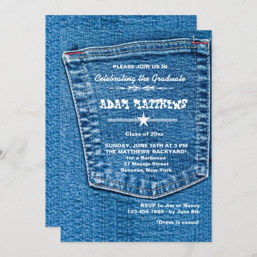 Invitation de diplôme Denim Pocket (Devant / Derrière)