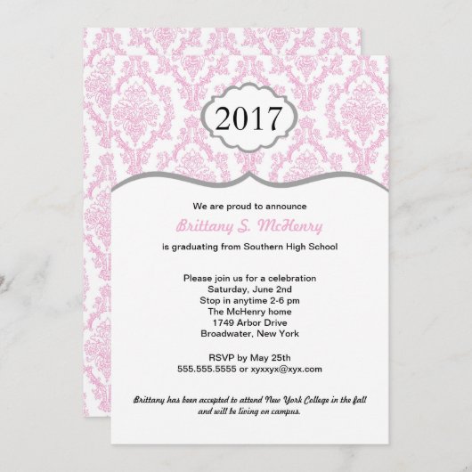 Invitation de diplôme du lycée Damask rose & Grey (Devant / Derrière)