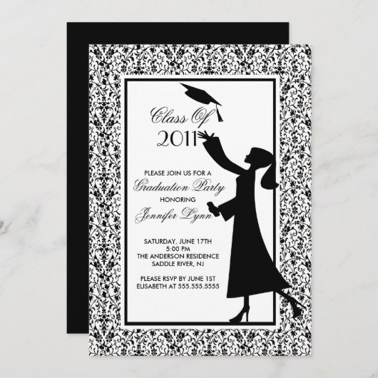 Invitation de diplôme en damas noir Silhouette Gra (Devant / Derrière)