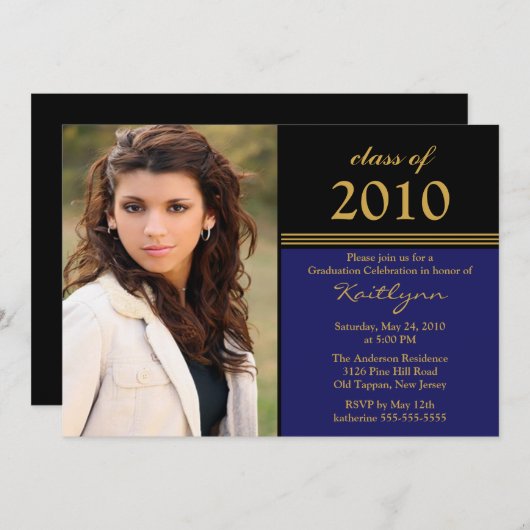 Invitation de diplôme en noir, bleu et or (Devant / Derrière)