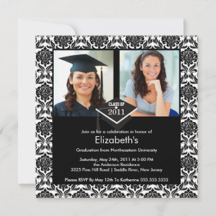 Invitation de diplôme en noir et blanc Damask