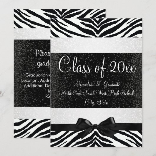 Invitation de diplôme en noir et blanc Zebra Bow (Devant / Derrière)