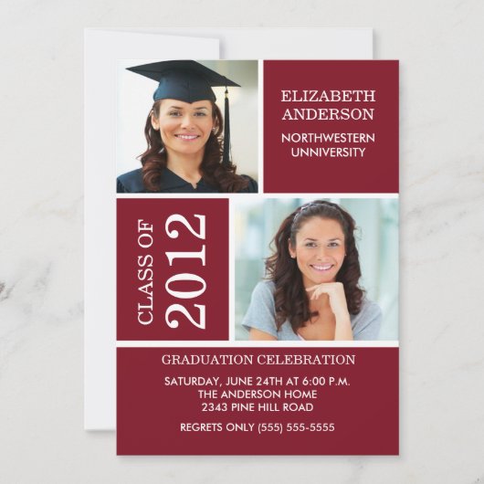 Invitation de diplôme en photo ~Classy Maroon & Wh (Devant)