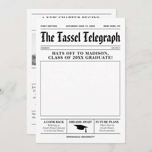 Invitation de diplôme Journal Modèle (Devant / Derrière)