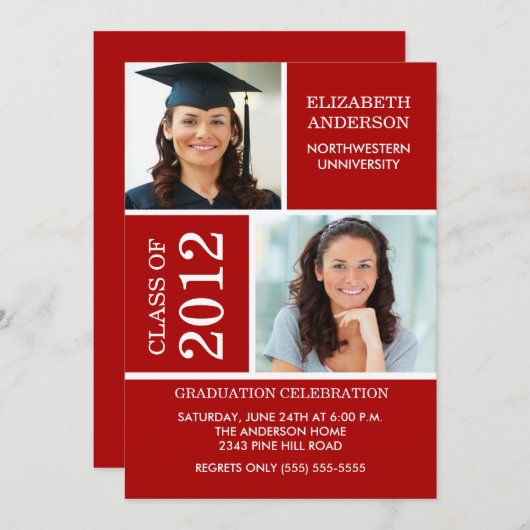 Invitation de diplôme photo ~Classy Red & White (Devant / Derrière)