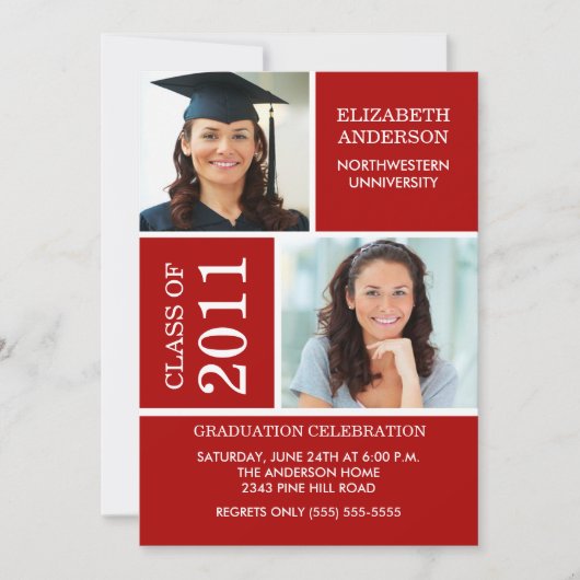 Invitation de diplôme photo ~Classy Red & White (Devant)