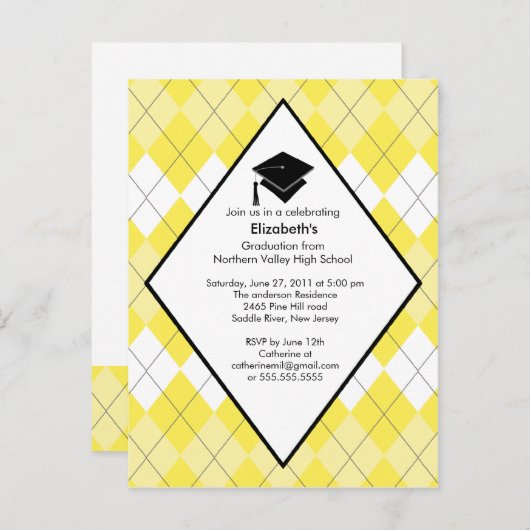 Invitation de diplôme Préppy Jaune Jacquard (Devant / Derrière)