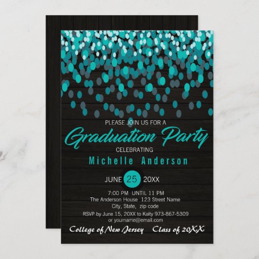 Invitation de diplôme Turquoise Colorée Confetti (Devant / Derrière)