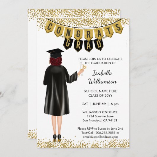 Invitation de diplôme unique Cheveux rouges (Devant / Derrière)