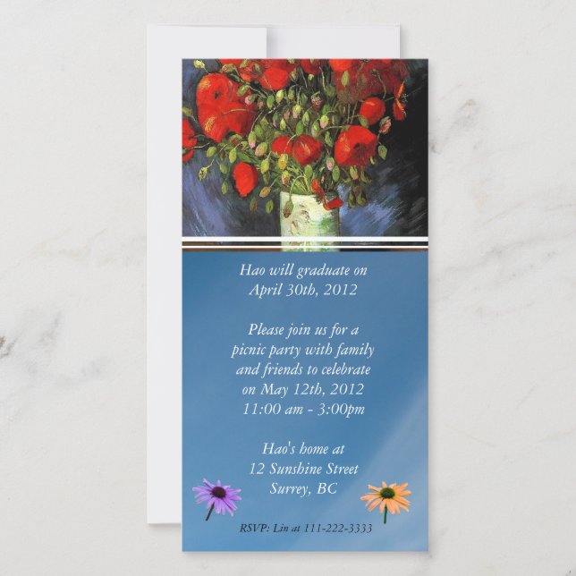 Invitation de diplôme. Vase avec des papillons rou (Devant)