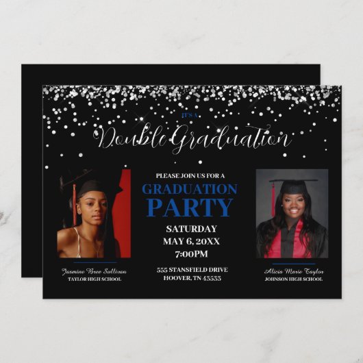Invitation de double diplôme noir et bleu (Devant / Derrière)
