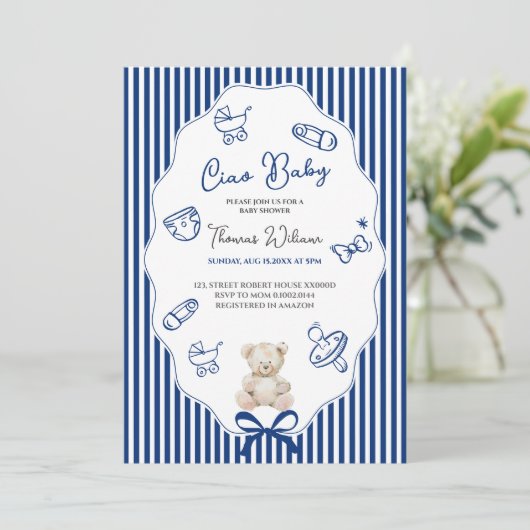 Invitation de douche bébé bleu Ciao bambino (Debout devant)