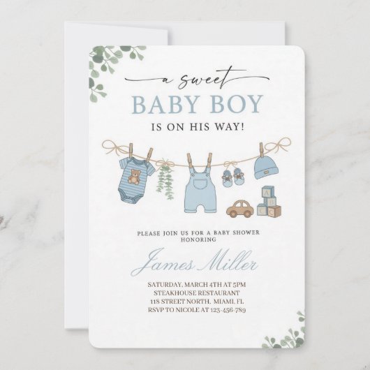 Invitation de douche bébé garçon Pastel Blue Cloth (Devant)