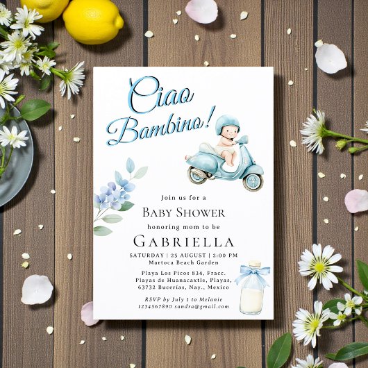 Invitation de douche bébé scooter bébé bleu clair 