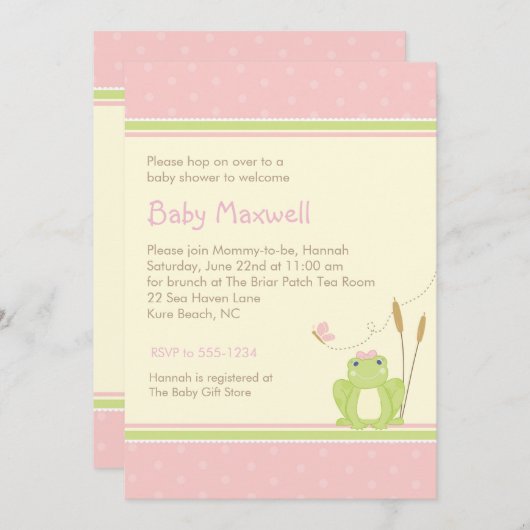 Invitation de douche de bébé de grenouille - rose (Devant / Derrière)