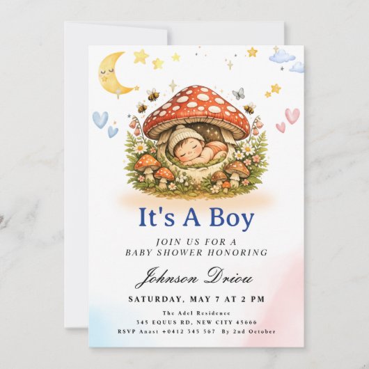 Invitation de douche de bébé garçon champignon mig (Devant)