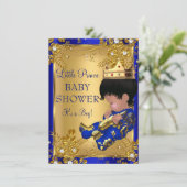 Invitation de douche de bébé garçon en or et bleu (Debout devant)